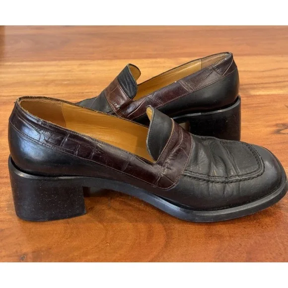 Black Chunky Leather Square Toe Oxford Heeled Shoes Grunge Clueless Y2K VTG 8 B‎ - Picture 7 of 8